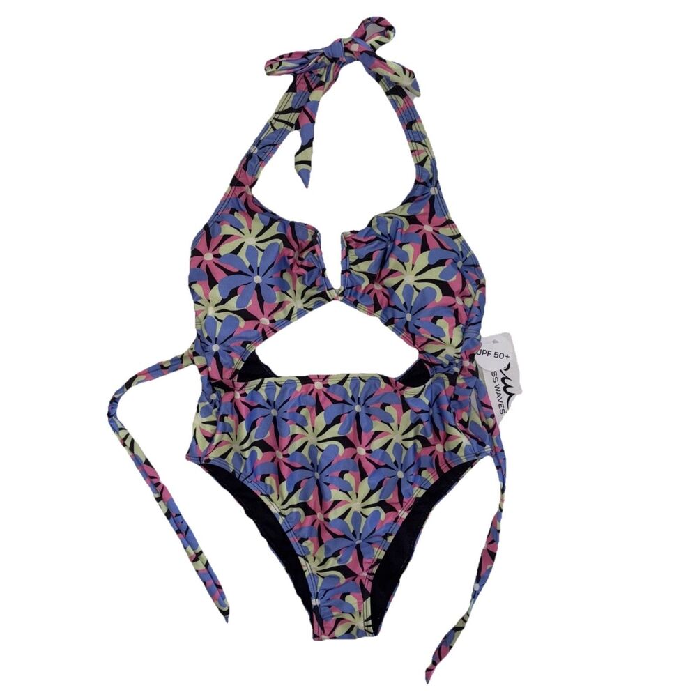 Endless Waves Flower PRT V-Wire One Piece High Leg Swimsuit Sz JR L UPF 50+ NWT